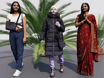 Three Women in Different Outfits Standing with Palm Trees in Background 3d model