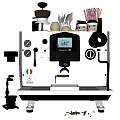Modern Coffee Maker With Colorful Straws Coffee Cups Utensils And Glass Pot On Kitchen Counter