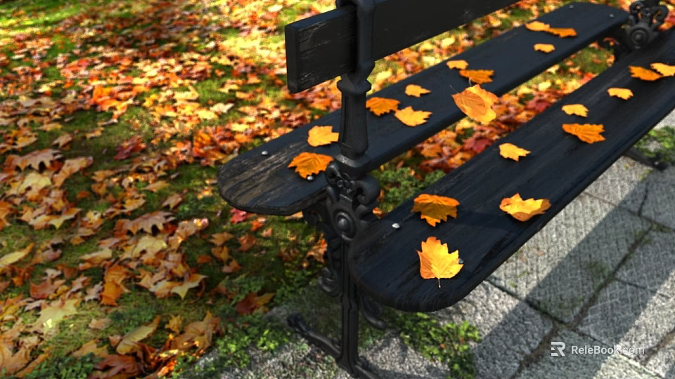 Black Garden Bench With Yellow Maple Leaves And Scattered Fallen Leaves In Autumn 3d model 
