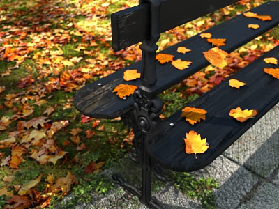 Black Garden Bench With Yellow Maple Leaves And Scattered Fallen Leaves In Autumn 3d model
