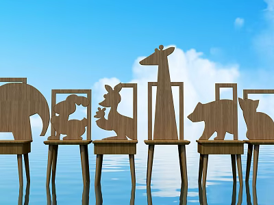 Cute Animal Shaped Wooden Kids Chairs Against Blue Sky With Water Reflection 3d model