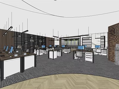 Modern Public Office Space With Workstations Computers Open Layout And Wooden Herringbone Flooring 3d model