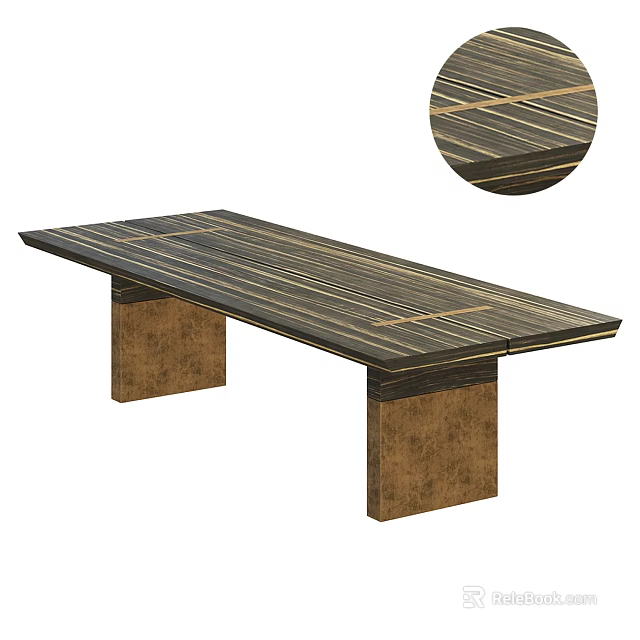 Modern Dining Table With Striped Wooden Surface And Brass Square Legs Design 3d model 