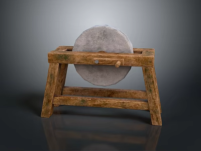 Traditional Stone Mill Hardware Tool with Wooden Stand Designed for Grinding Grain 3d model