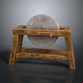 Traditional Stone Mill Hardware Tool with Wooden Stand Designed for Grinding Grain