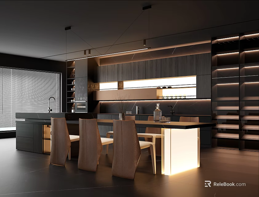 Modern Restaurant Interior With Open Layout Wooden Dining Table And Pendant Lights 3d model 