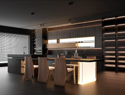 Modern Restaurant Interior With Open Layout Wooden Dining Table And Pendant Lights 3d model