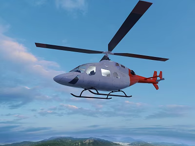 Gray And Red Helicopter Flying Over Mountain Range With Cloudy Sky 3d model
