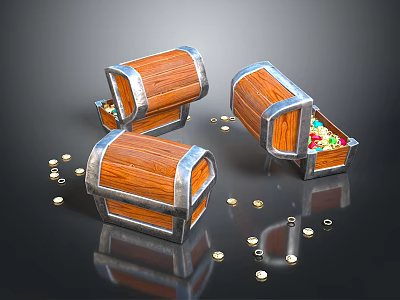 Wooden Storage Chests With Metal Trim Open Containing Colorful Small Items And Scattered Gold Coins 3d model