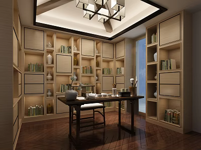 Elegant New Chinese Study Room Interior With Full Wall Bookcases And Solid Wood Writing Desk 3d model