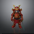 Cartoon Samurai Figurine In Red Armor With Golden Accents And Yellow Helmet Holding Sword