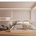 Modern Minimalist Bedroom Interior With Curved Headboard Soft Lighting And Wooden Floor