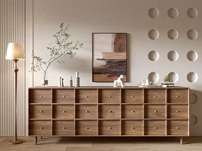 Modern Wooden Entryway Console Cabinet With Drawers Lamp Greenery And Wall Art 3d model