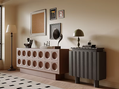 Modern Living Room Decorative Cabinets With Framed Wall Art Table Lamp And Patterned Rug 3d model