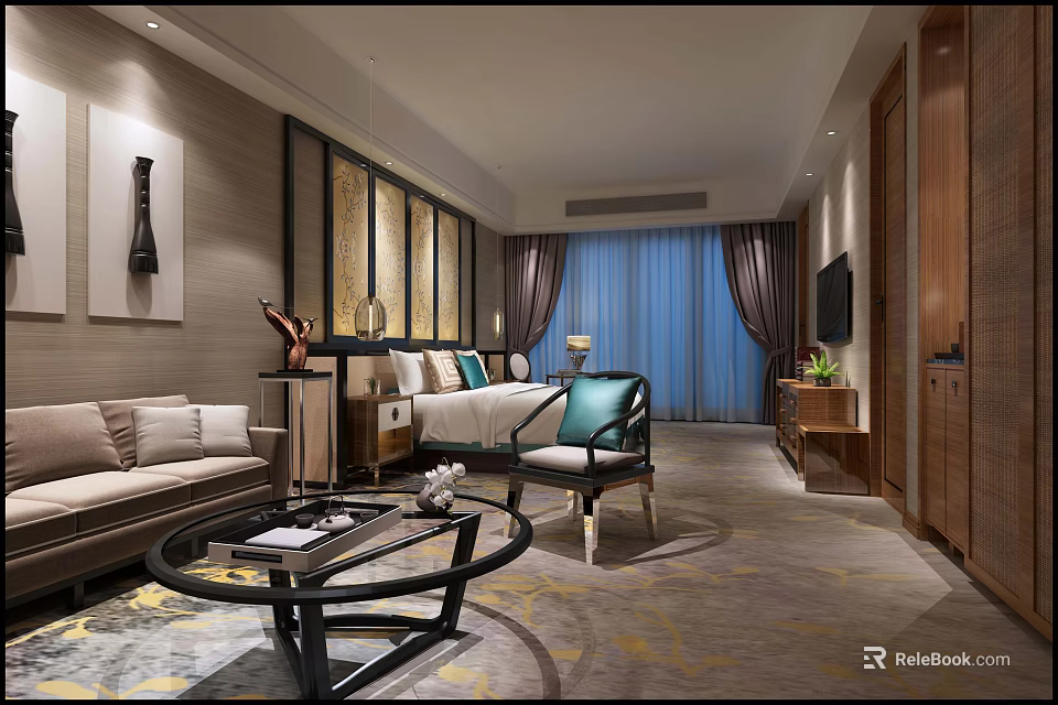 Elegant Hotel Guest Room Interior With Sofa Coffee Table Decorative Painting And Blue Curtains 3d model 