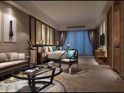 Elegant Hotel Guest Room Interior With Sofa Coffee Table Decorative Painting And Blue Curtains 3d model