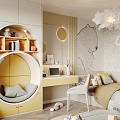 Kids Room With Circular Seating Nook White Yellow Wardrobes Bear Wall Decal Toys And Chandelier