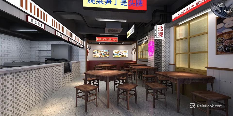 Traditional Restaurant Interior With Wooden Tables Stools Menu Displays And Wall Decor 3d model 