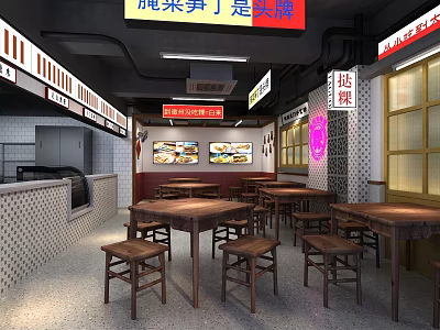 Traditional Restaurant Interior With Wooden Tables Stools Menu Displays And Wall Decor 3d model