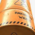 Industrial Radioactive Waste Storage Drum With Orange Color Skull Symbol And Warning Sign