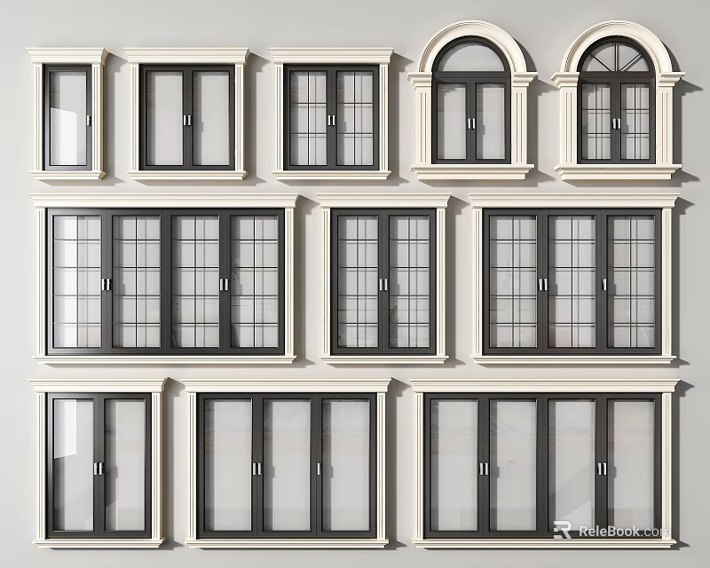 Various Styles Of Casement Windows With Black Frames Grid Patterns And Modern Designs 3d model 