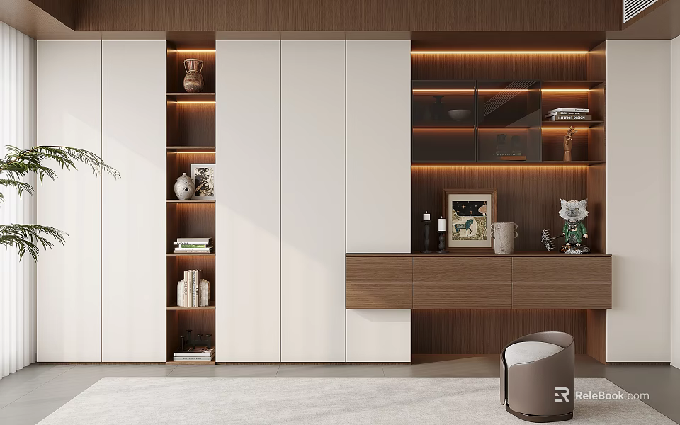 Modern White And Brown Bookcase With Glass Doors Lighting Strips And Storage 3d model 