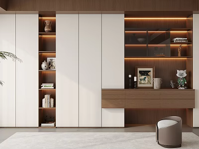 Modern White And Brown Bookcase With Glass Doors Lighting Strips And Storage 3d model