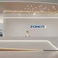 Modern Curved White Reception Desk With Staff Sofa Green Plants And Circular Ceiling Lights