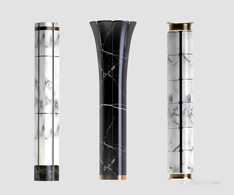 Elegant Black and White Marble Columns with Unique Designs and Metal Accents 3d model 