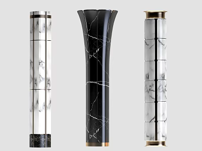 Elegant Black and White Marble Columns with Unique Designs and Metal Accents 3d model
