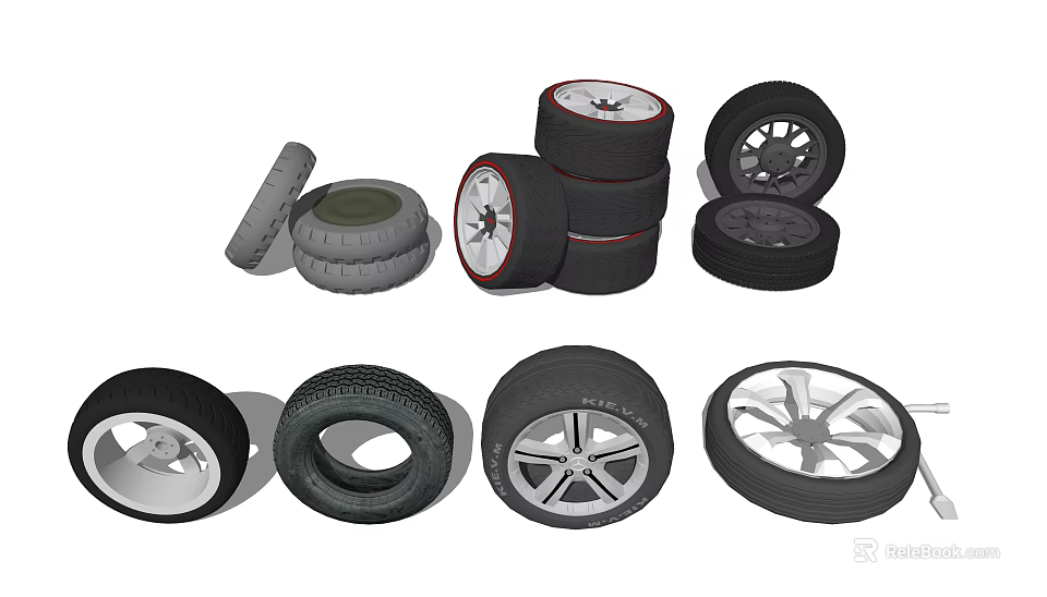 Various Car Tires And Wheels Display With Stacked And Single Rims 3d model 