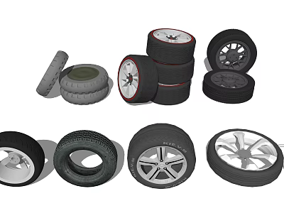 Various Car Tires And Wheels Display With Stacked And Single Rims 3d model