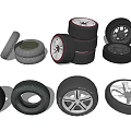 Various Car Tires And Wheels Display With Stacked And Single Rims