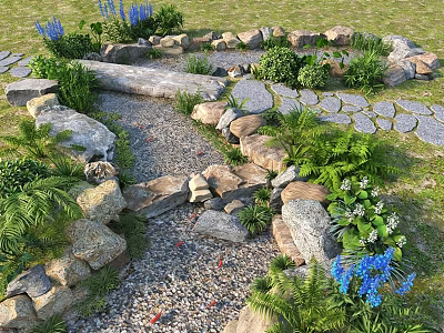 Scenic Garden Landscape With Stone Path Lush Green Plants Blue Flowers And Gravel 3d model