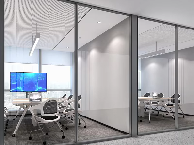 Modern Conference Room Interior With Glass Partitions Large Screen And Tables Chairs 3d model