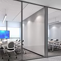 Modern Conference Room Interior With Glass Partitions Large Screen And Tables Chairs