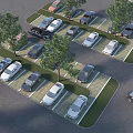 Well Organized Parking Lot With Multiple Spaces Parked Cars Green Trees And Grass Dividers