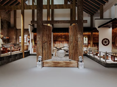 Traditional Style Cultural Center Interior With Wooden Elements And Exhibits 3d model