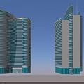 Modern High Rise Buildings Featuring Blue White Glass Curtain Walls Curved Structures And Green Bases
