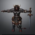 Fantasy Horned Demon Warrior In Battle Armor Holding Sword With Tail Standing Pose