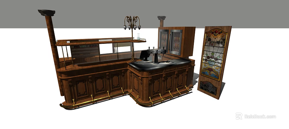 Elegant Wooden Bar Counter Interior With Chandelier Cash Register And Display Cabinet 3d model 