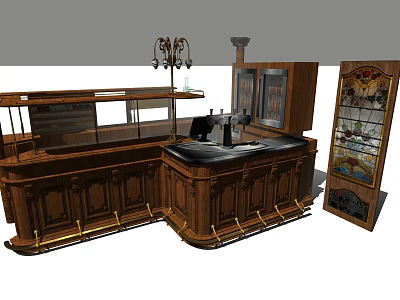 Elegant Wooden Bar Counter Interior With Chandelier Cash Register And Display Cabinet 3d model