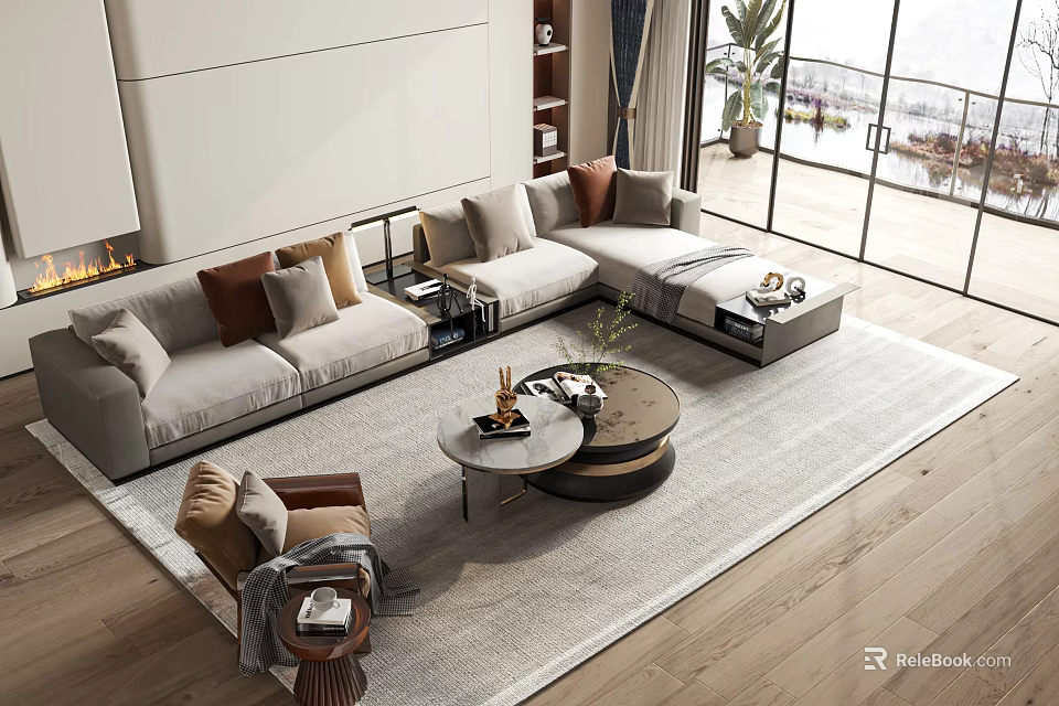 Modern L Shaped Sofa And Round Coffee Table Set With Throw Pillows And Area Rug 3d model