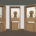 Three Wooden Buddhist Shrine Cabinets With Carved Design Buddha Statues And Golden Decorations