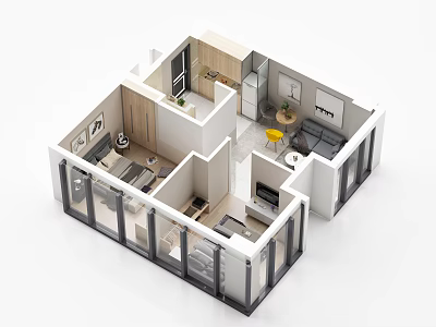 Birds Eye View of Modern Apartment Interior Design with Multiple Rooms and Furniture 3d model