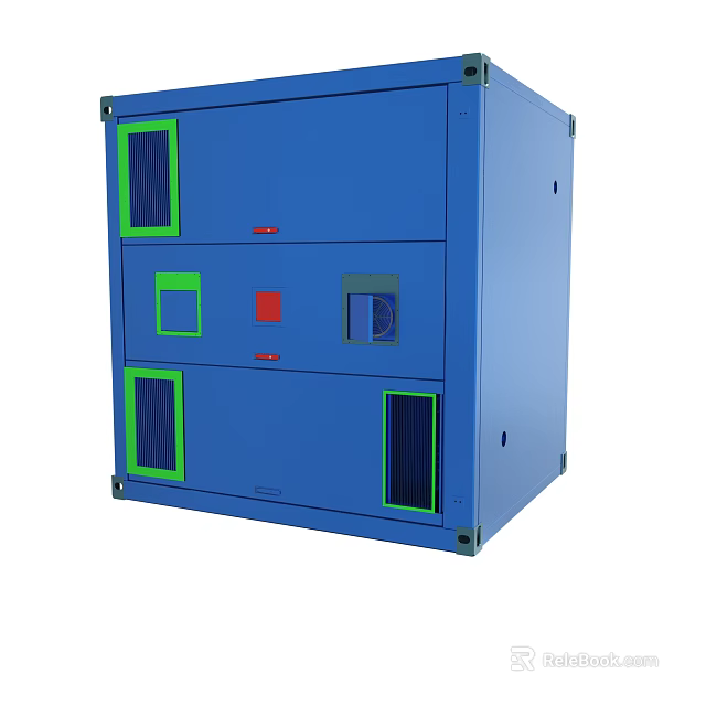 Blue Industrial Equipment Cabinet With Green Red Panels And Ventilation Grilles 3d model 