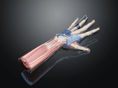 Anatomical Mechanical Hand With Detailed Muscle Structure And Prosthetic Device Components 3d model