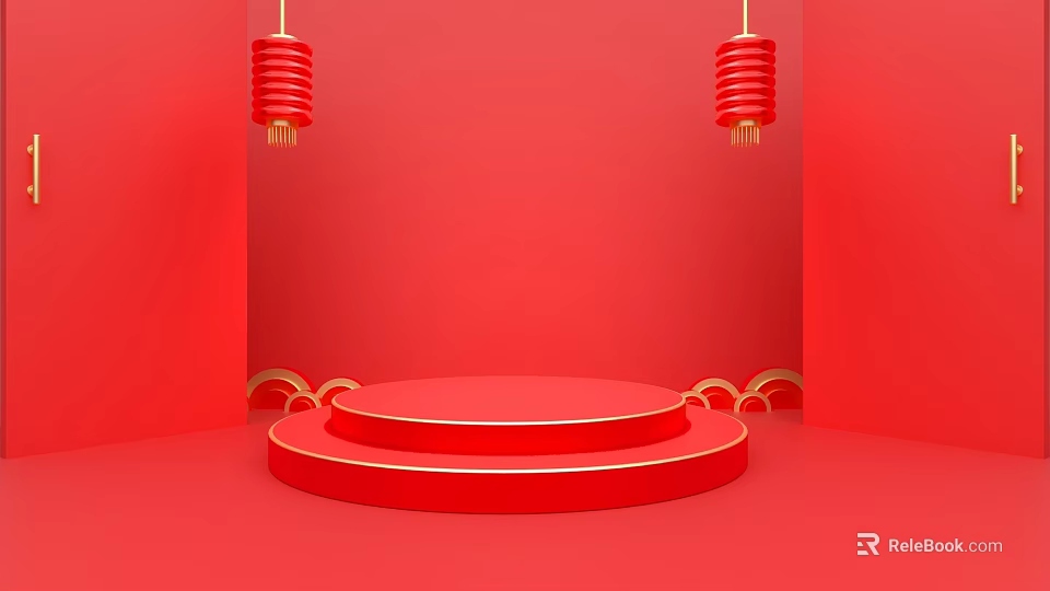 Red Themed Stage Setup With Circular Platform Red Lanterns And Golden Decorations 3d model