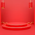 Red Themed Stage Setup With Circular Platform Red Lanterns And Golden Decorations 3d model