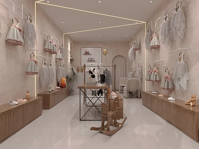 Charming Children's Clothing Store Interior With Hanging Dresses Rocking Horse And Display Racks 3d model